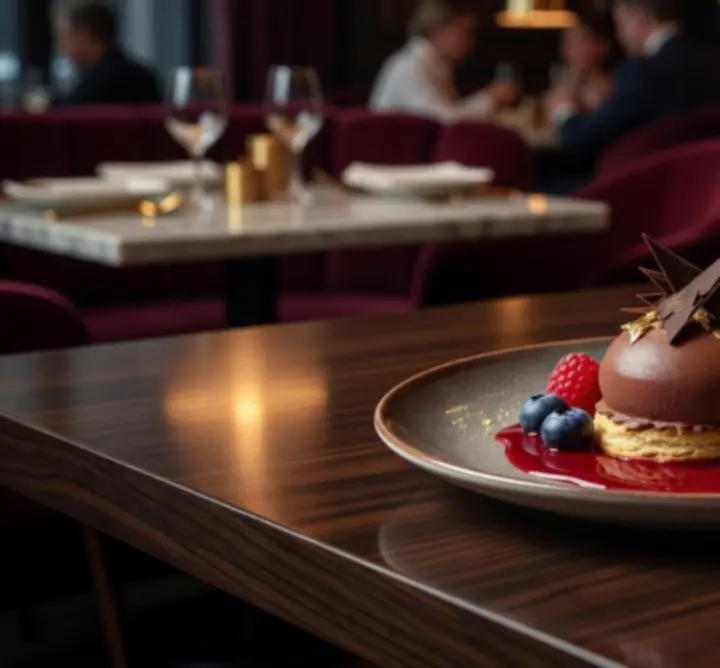 Elegant opgediend dessert met verfijnde garnituren