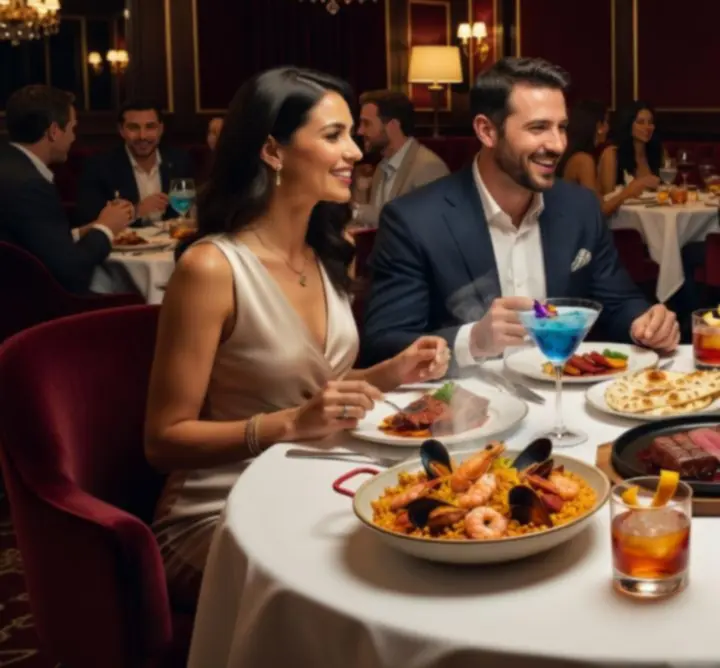 Elegant opgedekte tafel met fine dining gerechten en gouden accenten.