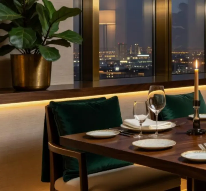 Detail van de sfeervolle ambiance met warme verlichting en luxe materialen.