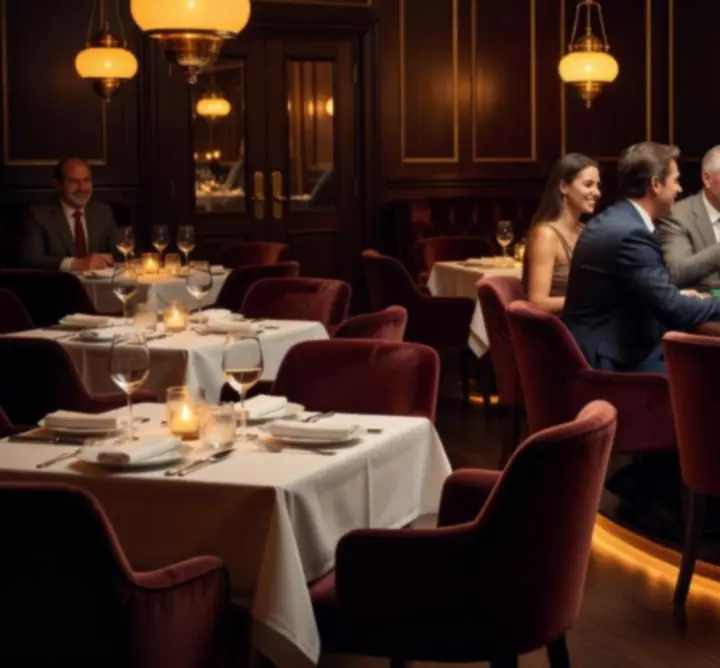 Sfeervol verlichte lounge met poker- en diningtafels bij Golden Table Lounge.