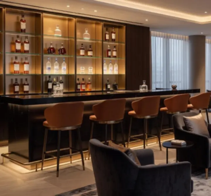 Stijlvolle baromgeving met designmeubilair in de Golden Table Lounge.