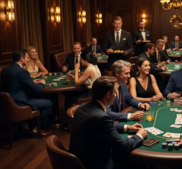 Pokerlounge in actie met spelers aan elegante pokertafels.