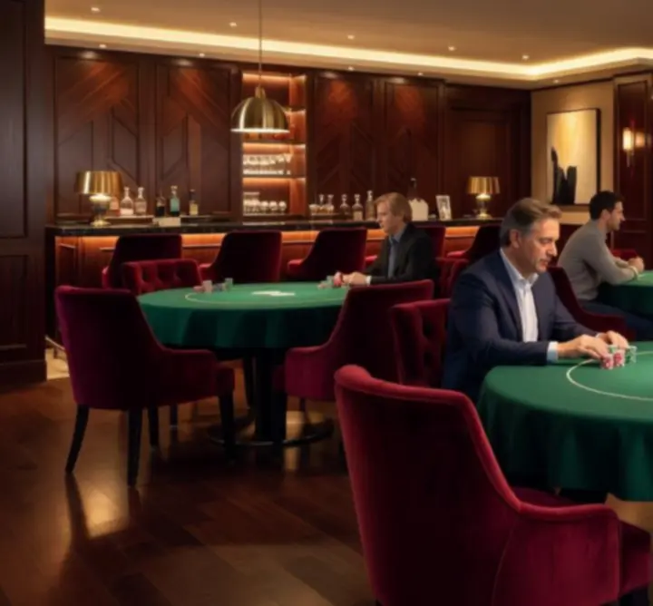 Binnenzicht van de Golden Table Poker Lounge met warme verlichting en luxe zitplaatsen.