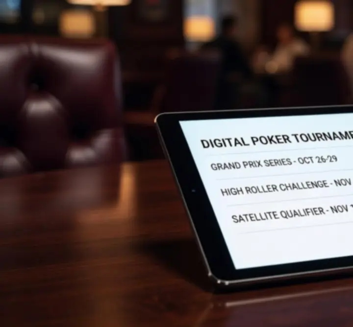Digitale toernooikalender op een tablet tijdens een pokertoernooi-avond.