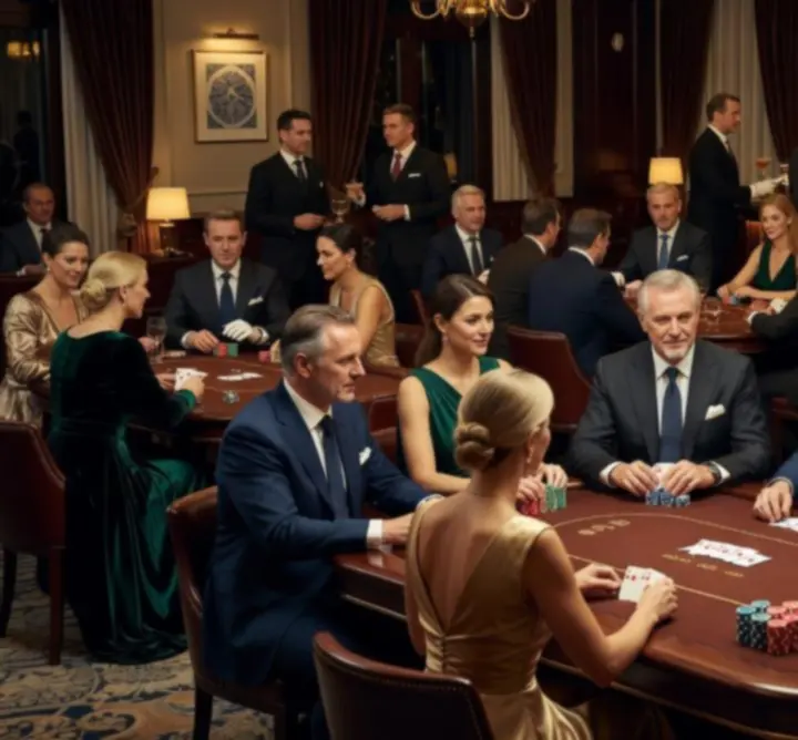 Sfeervolle pokertoernooi-avond bij Golden Table Lounge met spelers aan elegante tafels.
