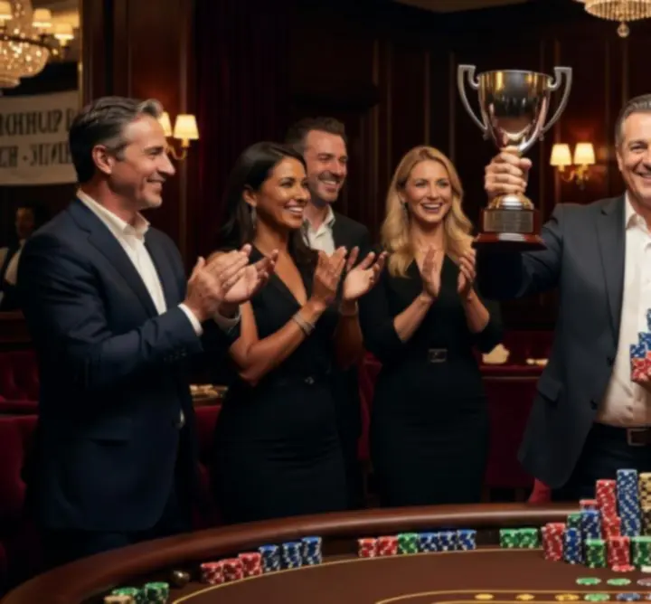 Pokerwinnaar viert zijn overwinning met een stapel chips en een trofee in Golden Table Lounge.