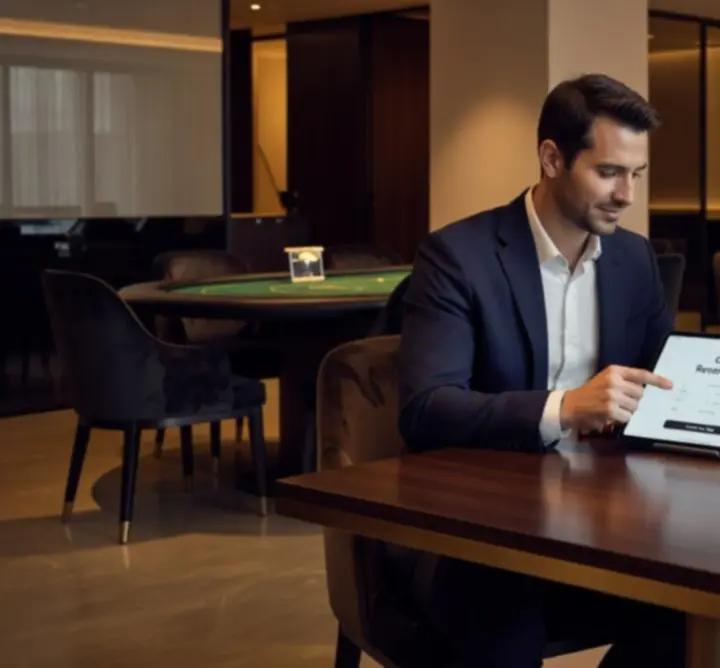 Gedekte restauranttafel naast een stijlvolle pokertafel bij Golden Table Lounge