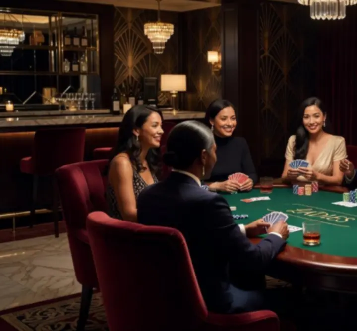 Pokerspelers aan een thematische pokertafel bij Golden Table Lounge.